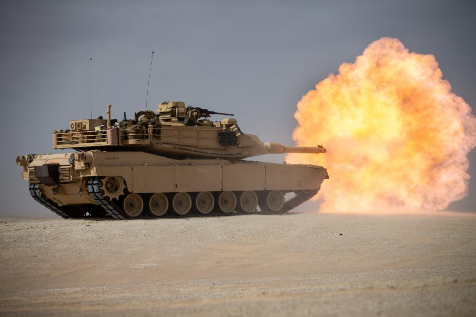 US Marines with Charlie Company, 1st Tank Battalion, 1st Marine Division, fire an M1A1 Abrams tank main cannon while conducting live-fire training during exercise Native Fury 20 in the United Arab Emirates, March 19, 2020.