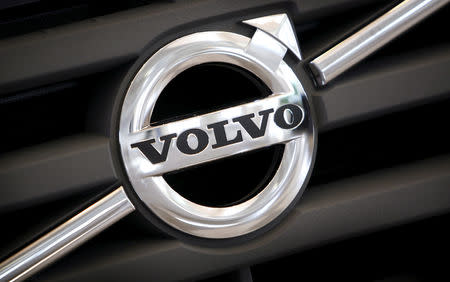 FILE PHOTO: The logo of Volvo is seen on the front grill of a Volvo truck in a customer showroom at the company's headquarters in Gothenburg, Sweden, September 23, 2008. REUTERS/Bob Strong/File Photo/File Photo
