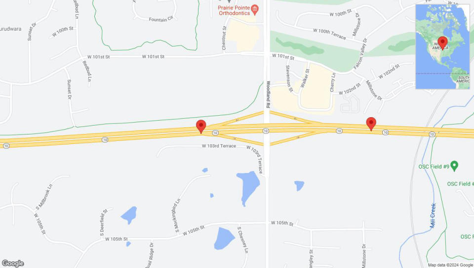 A detailed map that shows the affected road due to 'Drivers cautioned as heavy rain triggers traffic concerns on eastbound K-10 in Olathe' on May 2nd at 11:05 a.m.