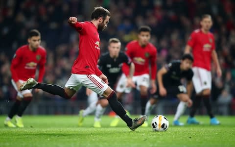 Juan Mata of Manchester United scores his team's third goal during the UEFA Europa League group L match between Manchester United and AZ Alkmaar at Old Trafford on December 12, 2019 in Manchester, United Kingdom - Credit: Getty Images