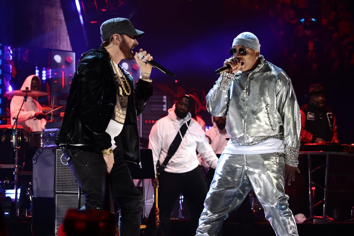 Eminem and LL Cool J perform onstage at the 36th Annual Rock and Roll Hall Of Fame induction ceremony in Cleveland, Ohio in 2021 (Getty for The Rock and Roll Hall of Fame)