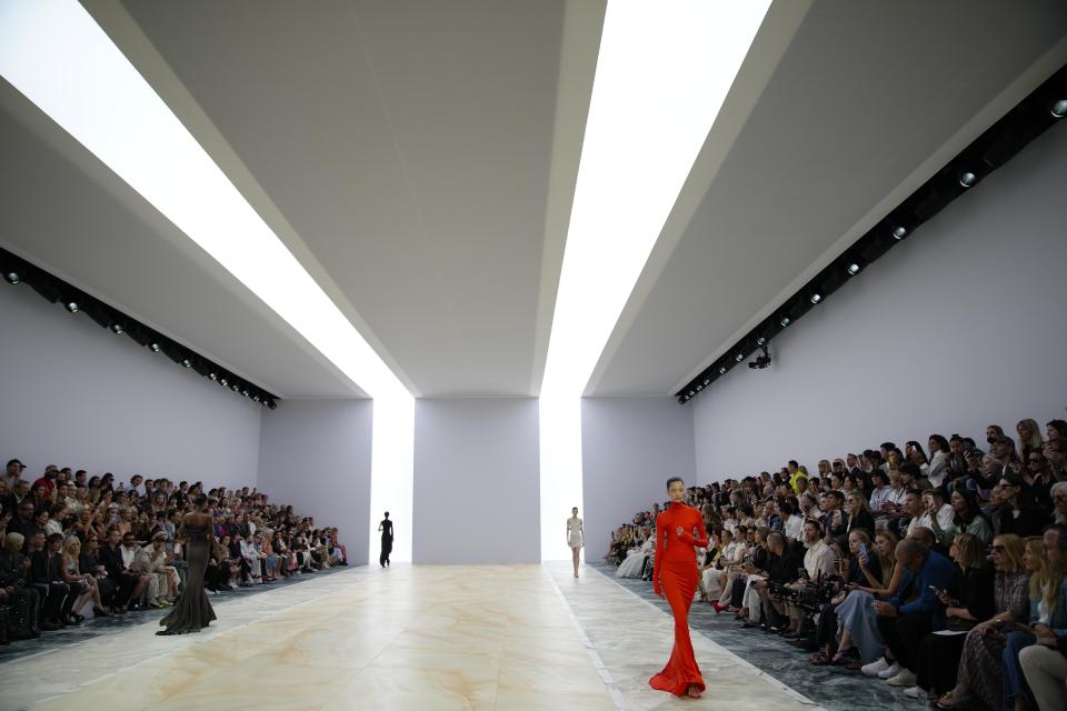 Models wear creations for the Fendi Haute Couture Fall/winter 2023-2024 fashion collection presented in Paris, Thursday, July 6, 2023. (AP Photo/Christophe Ena)
