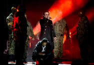 <p>Bono of U2 (holding microphone) and Kendrick Lamar perform onstage during the 60th Annual Grammy Awards on January 28, 2018, at Madison Square Garden in New York City. (Photo: Getty Images) </p>