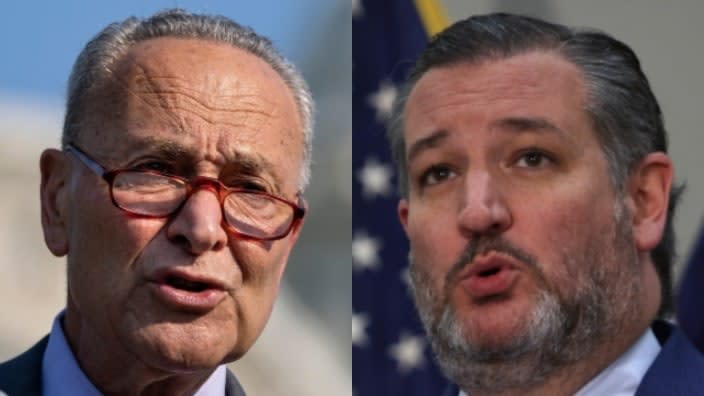 Senate Majority Leader Chuck Schumer (left) attempted to advance the signature For the People Act voting rights bill, only to be blocked by Republican Sen. Ted Cruz (right) of Texas. (Photos by Drew Angerer/Getty Images and Anna Moneymaker/Getty Images)