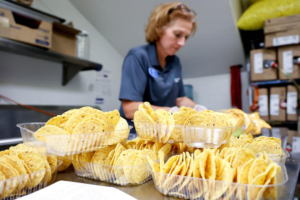 Bria Shepard prepares nachos before the May 15 game between the Oklahoma Thunder and the Dallas Mavericks at the Paycom Center in Oklahoma City. Through Go See The City's recent partnership with The Levy Restaurant Group, surplus food from the Paycom Center Arena, home of the Oklahoma City Thunder NBA franchise, has been redirected to those in need.