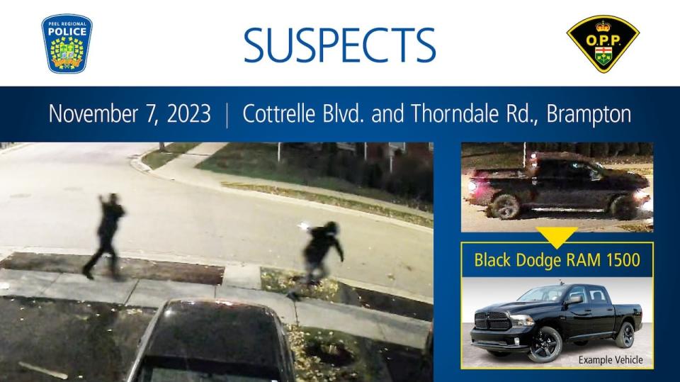 Peel Regional Police and the Ontario Provincial Police released photos of suspects and a Black Dodge RAM pick-up truck connected with a shooting in the area of Cottrelle Boulevard and Thorndale Road in Brampton on Nov. 7, 2023.