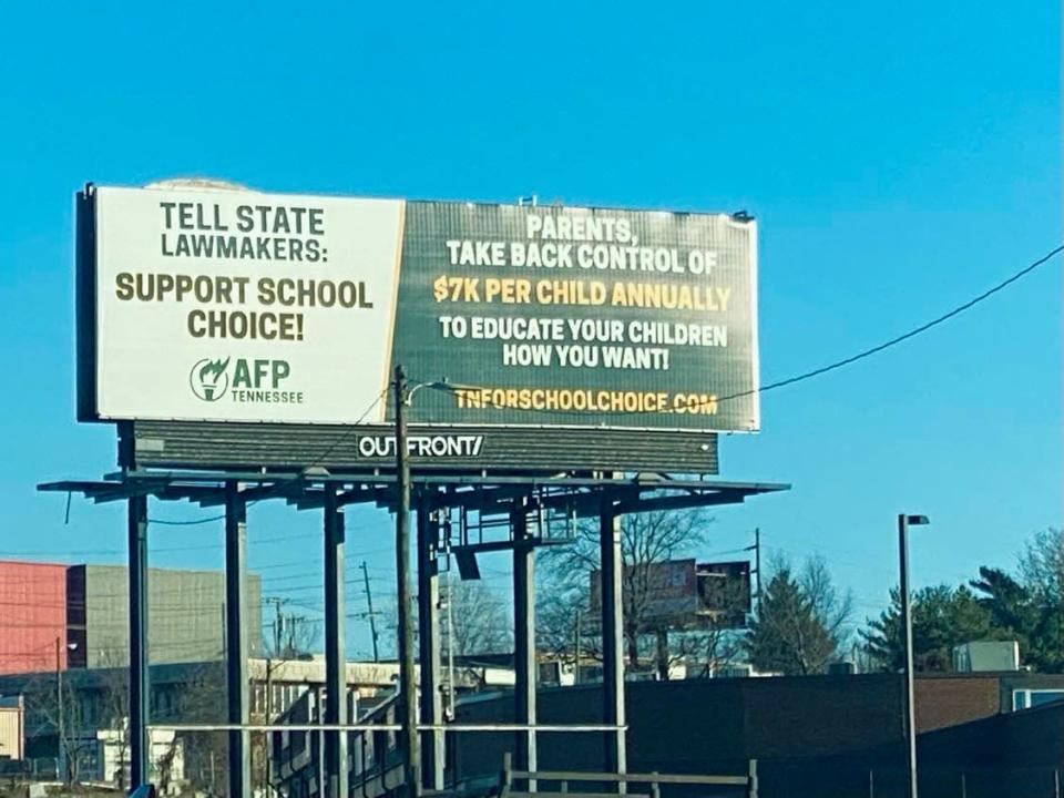 A billboard in Nashville funded by Koch-funded Americans for Prosperity encourages residents to contact lawmakers and ask them to support Gov. Bill Lee's voucher legislation in March 2024.