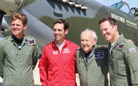 Owen Hardy (third from left) took to the skies in a spitfire at the age of 95 back in July - Credit: Emmet Cox/Solent News & Photo Agency