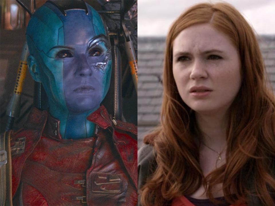 On the left: Karen Gillan as Nebula in "Avengers: Endgame." On the right: Gillan as Amy Pond in "Doctor Who."