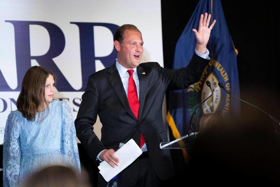 Rep. Andy Barr speaks after claiming re-election for another term in Kentucky’s 6th Congressional district during an event held at the Campbell House in Lexington, Ky., Tuesday, November 8, 2022.