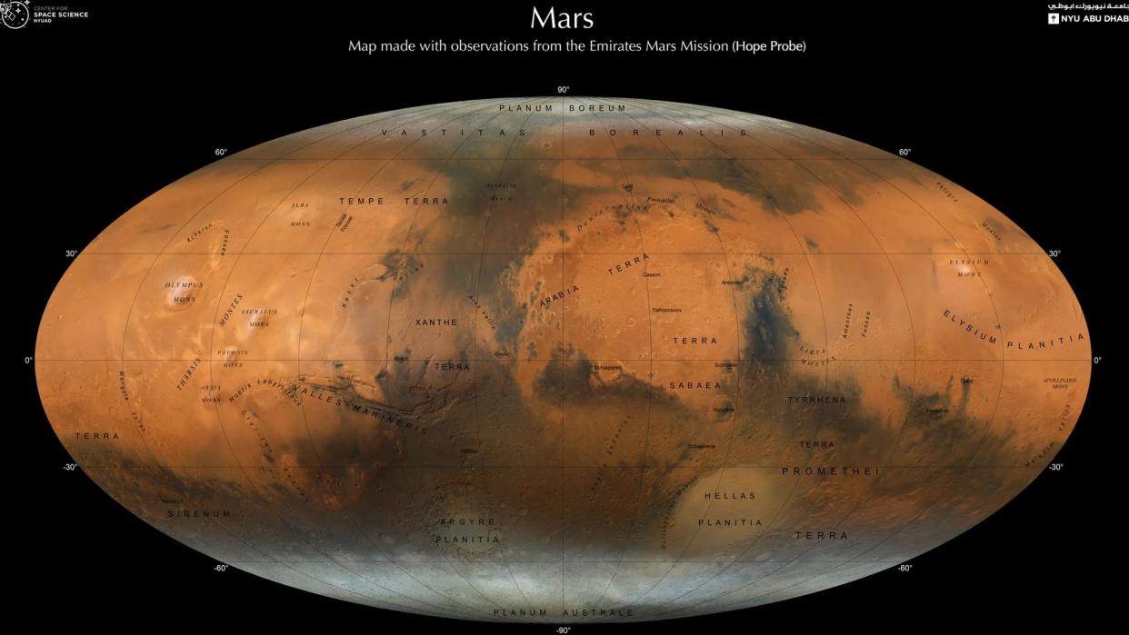  A map of mars stretched out so you can see the whole surface. 