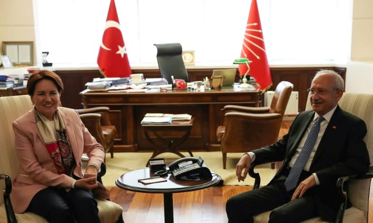 Turkey's Republican People's Party (CHP) head Kemal Kilicdaroglu (R) meets with the leader of the new conservative and nationalist Iyi ("Good") party as the opposition sees ways to unite to unseat President Recep Tayyip Erdogan in snap elections in June