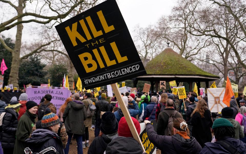 Protestors gather for the 'Kill the Bill' march on the national day of action in London - AP Photo/Alberto Pezzal