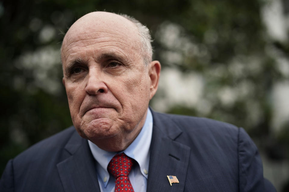 Giuliani speaks to members of the media on the South Lawn during a White House Sports and Fitness Day on May 30, 2018. (Photo: Alex Wong/Getty Images)