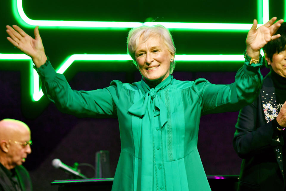 <p>Glenn Close looks glam in green while onstage during BRING CHANGE TO MIND's 9<sup>th</sup> Annual Revels & Revelations event at City Winery in N.Y.C. on Dec. 2. </p>