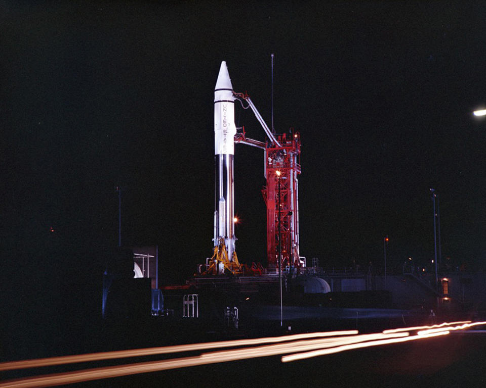 This Sept. 20, 1966 photo provided by the San Diego Air and Space Museum shows an Atlas Centaur 7 rocket on the launchpad at Cape Canaveral, Fla. NASA's leading asteroid expert, Paul Chodas, speculates that asteroid 2020 SO, as it is formally known, is actually a Centaur upper rocket stage that propelled NASA’s Surveyor 2 lander to the moon in 1966 before it was discarded. (Convair/General Dynamics Astronautics Atlas Negative Collection/San Diego Air and Space Museum via AP)