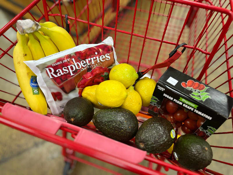 Produce in Trader Joe's grocery cart.