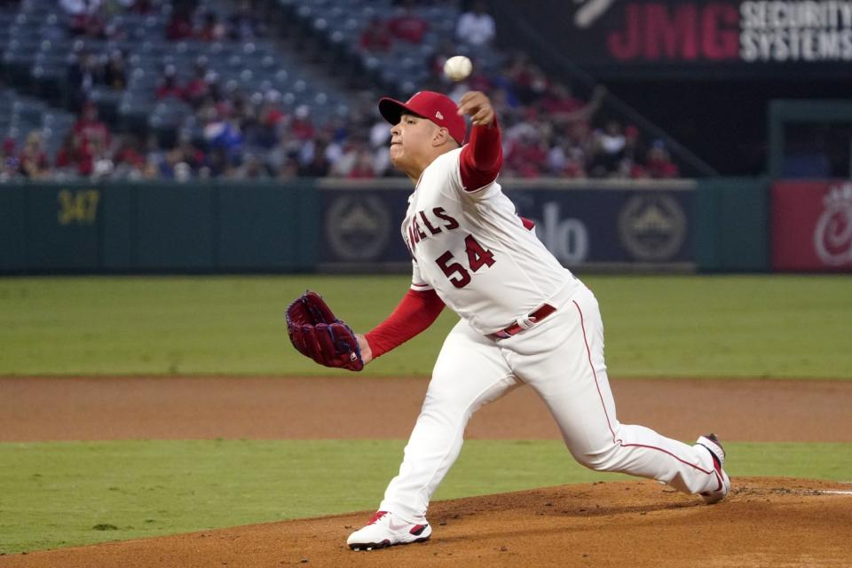 Angels starting pitcher José Suarez delivers during the first inning of a 6-5 loss.