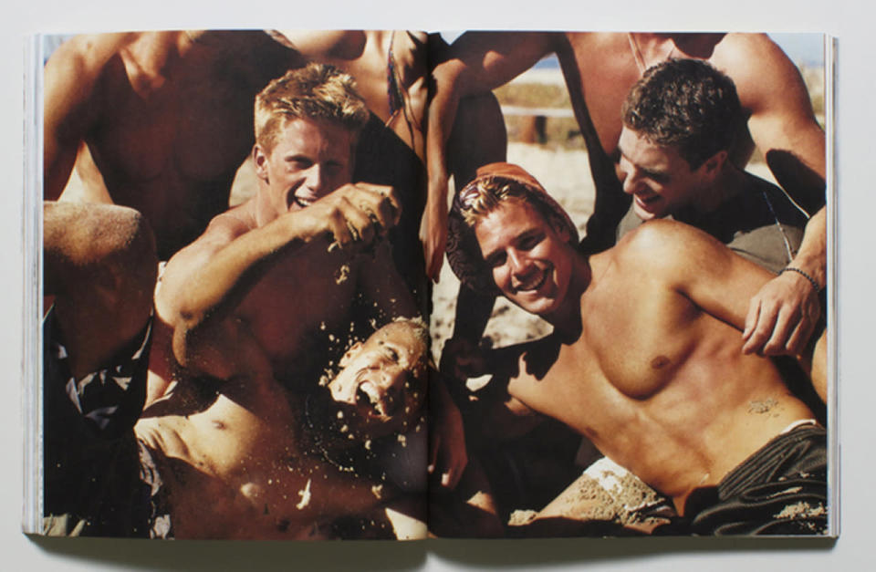 Male models romp on the beach in an “A&F Quarterly” from 1999.