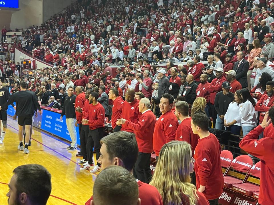Indiana basketball's entire coaching staff wore red sweaters to honor Bob Knight on Sunday, Nov. 12, 2023 in a game against Army. Knight got his start in coaching at the program.