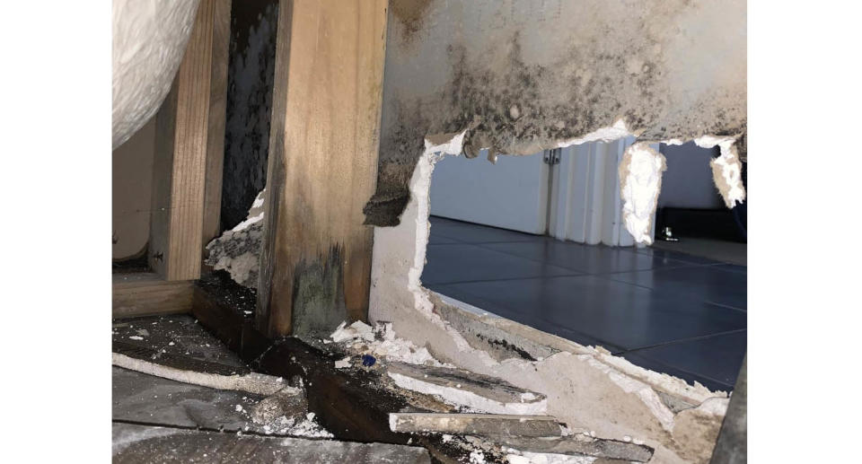 The mouldy bathroom wall with a large hole inside the Footscray home.