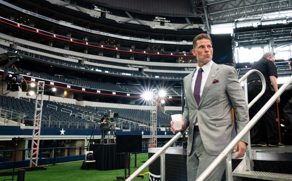 OU football coach Brent Venables exits the stage after talking with ESPN at Big 12 Media Days Thursday at AT&T Stadium in Arlington, Texas.