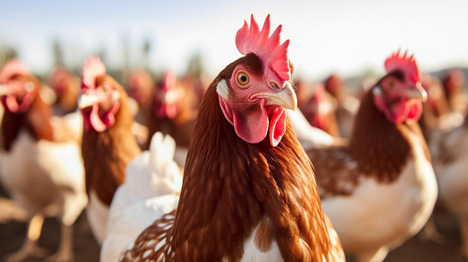 A flock of pasture-raised chickens outdoors in their natural habitat.