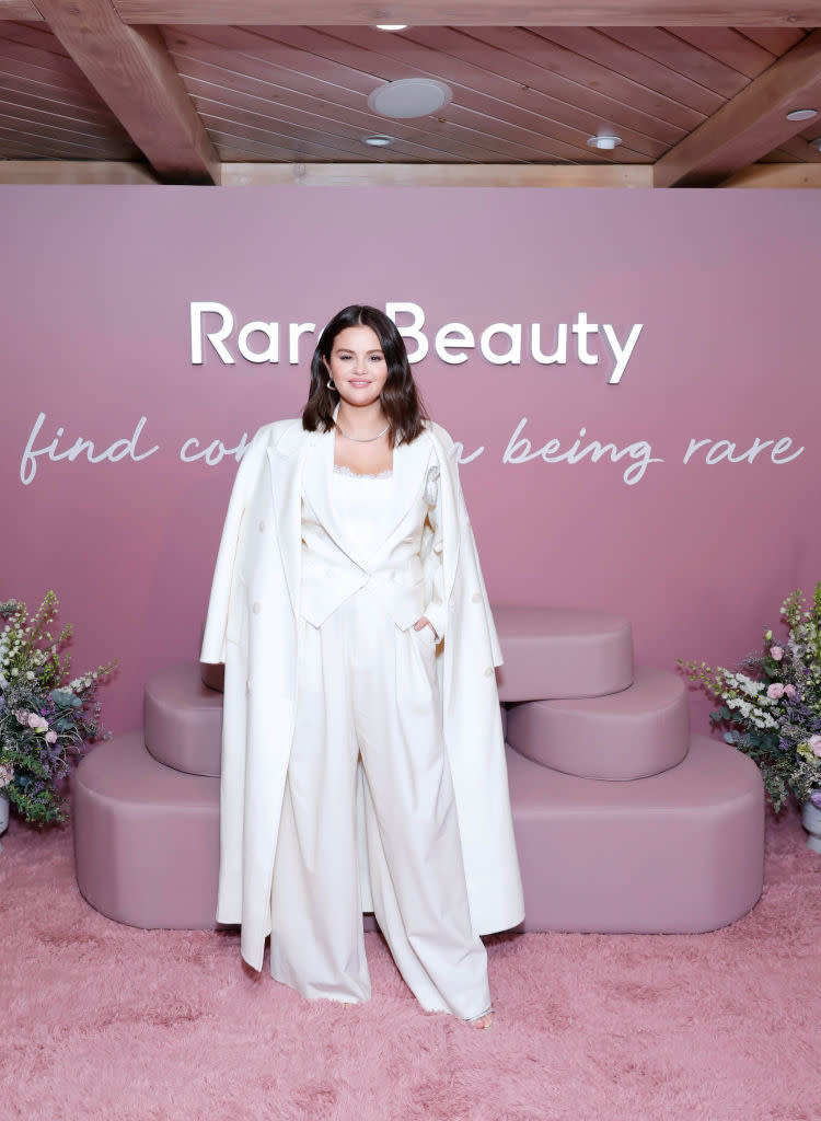 Selena Gomez, launch, Rare Beauty's Find Comfort Body collection, Giuseppe di Morabito suit, Jan. 10, Los Angeles