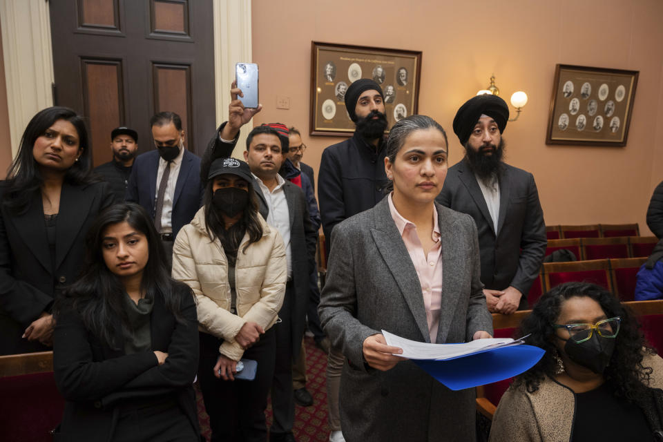 FILE - State Sen. Aisha Wahab listens to speakers during a news conference where she proposed SB 403, a bill that adds caste as a protected category in the state's anti-discrimination laws, on March 22, 2023, in Sacramento, Calif. The bill, which would outlaw caste discrimination in California, was approved by the state's Senate Judiciary Committee on Tuesday, April 25, 2023, clearing its first big legislative hurdle. Wahab, the first Muslim and Afghan American elected to the state legislature, introduced the bill in March. (AP Photo/José Luis Villegas, File)