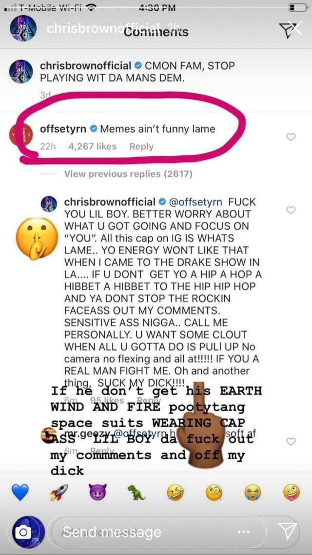 The pair got heated after Offset called out Brown for posting a meme making fun of 21 Savage's deportation.