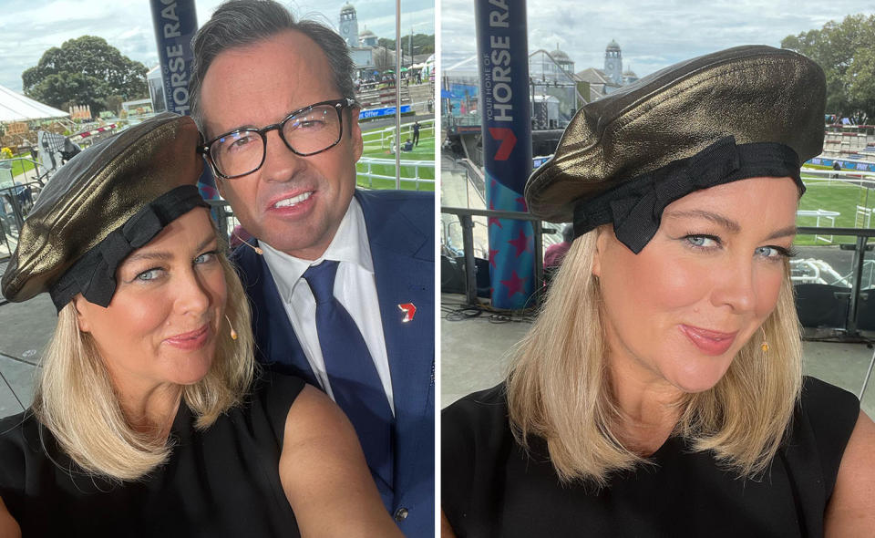 L: Samantha Armytage posing with a colleague in her gold beret. R: Samantha Armytage takes a selfie in a gold beret