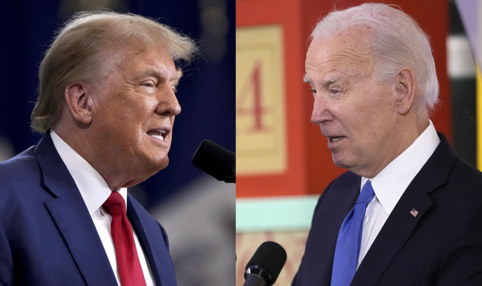 This combination photo shows Republican former President Donald Trump, left, during a rally Nov. 18, 2023, in Fort Dodge, Iowa and President Joe Biden during a Hanukkah reception in the White House in Washington, Dec. 11, 2023. A November rematch between Biden and Trump, who faced off in 2020, has begun to feel inevitable, though it would be exceedingly rare. A defeated president hasn't reclaimed the White House since 1892. (AP Photo)