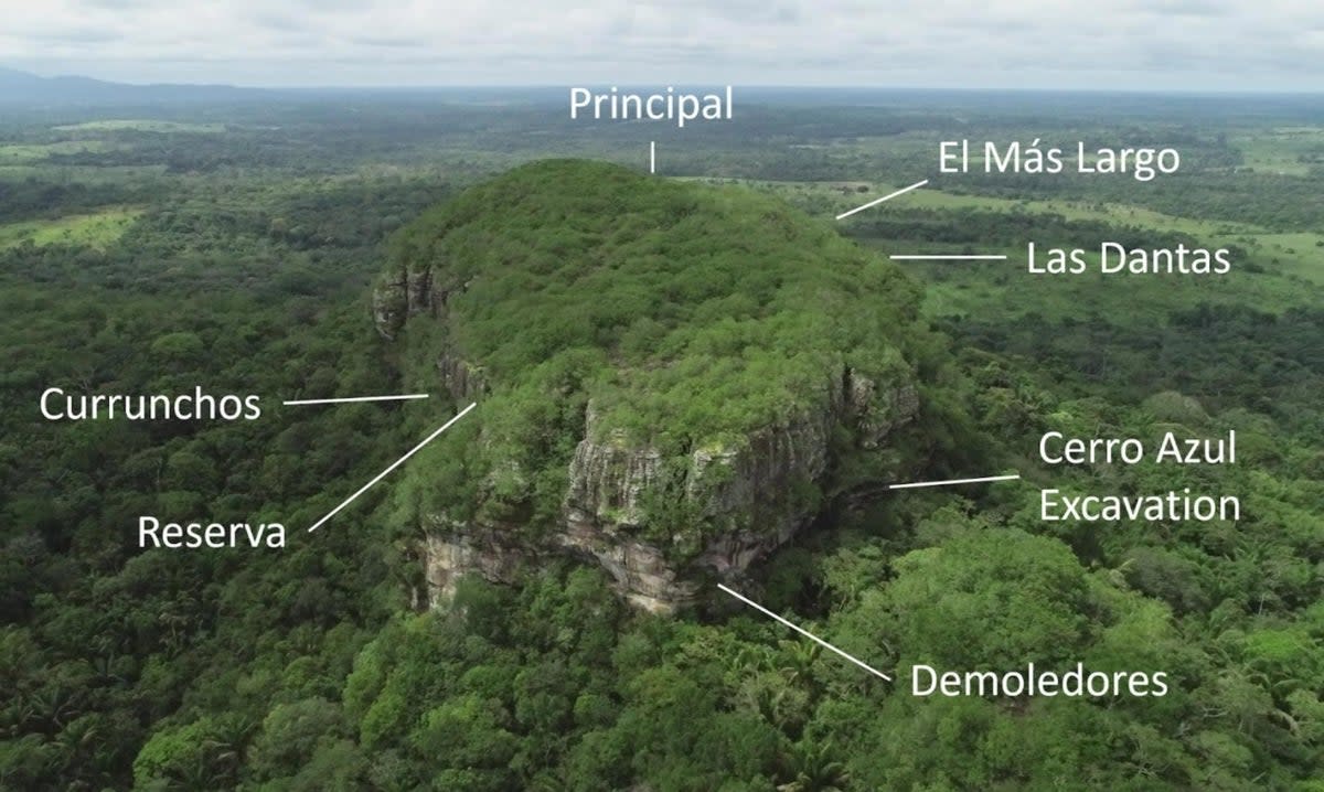 Cerro Azul with the location of the rock art panels and the excavation site analysed in this study (University of Exeter)