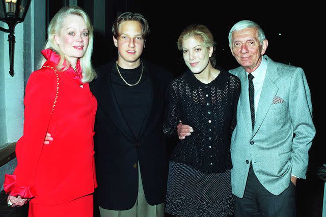 <p>David Keeler/Getty</p> From left: Candy Spelling, Randy Spelling, Tori Spelling and Aaron Spelling