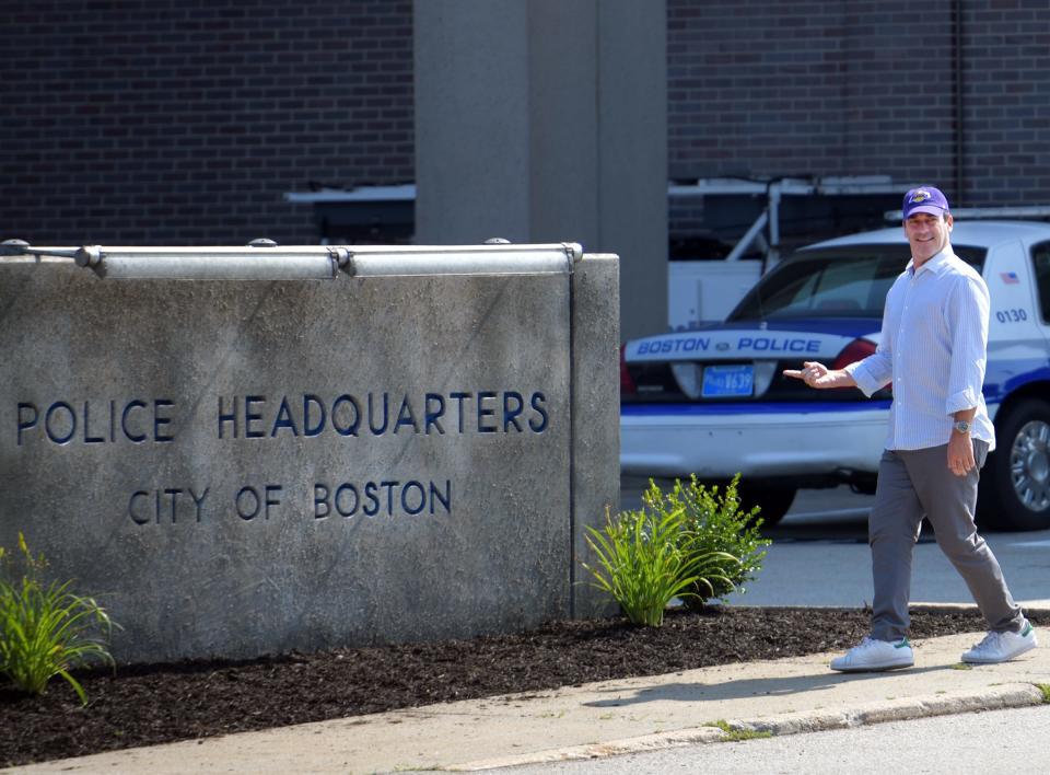 Actor Jon Hamm strikes a pose during filming of “Confess Fletch” outside of Worcester Police Department on July 7, 2021. The Worcester station was marked as the Boston Police Department for the movie.