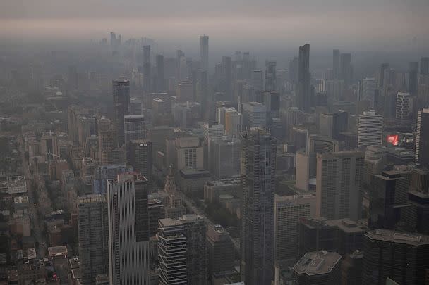 PHOTO: Smoke from wildfires in the provinces of Quebec and Nova Scotia is seen on June 28, 2023 in Toronto. (Ian Willms/Getty Images)