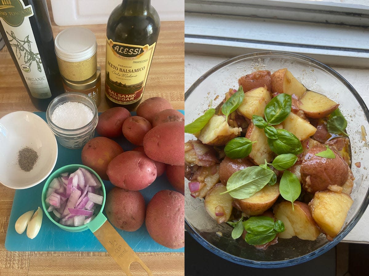 ingredients for potato salad and cooked potato salad