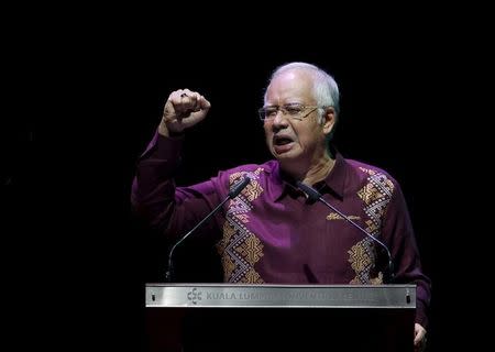 Malaysia's Prime Minister Najib Razak addresses the nation in a National Day message in the capital city of Kuala Lumpur August 30, 2015. REUTERS/Edgar Su