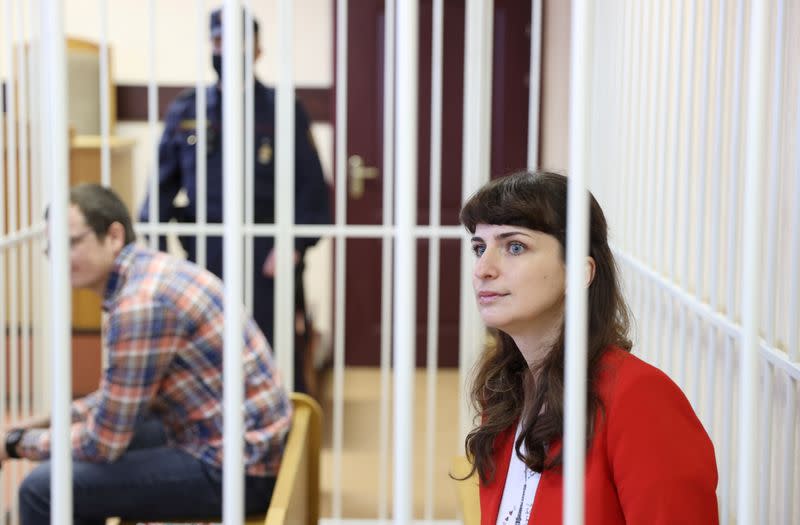 FILE PHOTO: Journalist Katerina Borisevich and doctor Artyom Sorokin attend a court hearing in Minsk