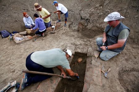 Archaeologists work at the Viminacium site, around 100 km east from Belgrade, Serbia August 8, 2016. Picture taken August 8, 2016. REUTERS/Djordje Kojadinovic