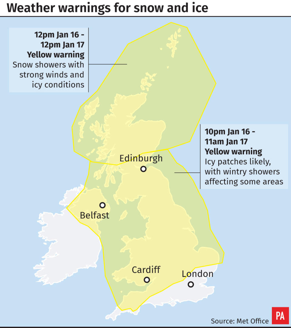 The Met Office has issued a yellow warning for snow and ice in Northern Scotland and for ice in the rest of the UK apart from South East England.