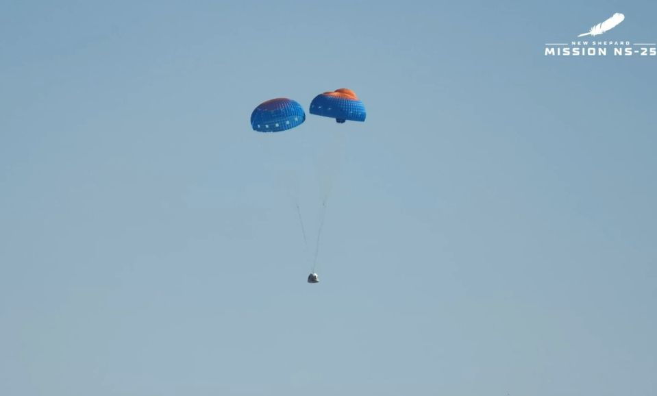 Blue Origin's crew capsule lands on Earth and deploys two parachutes