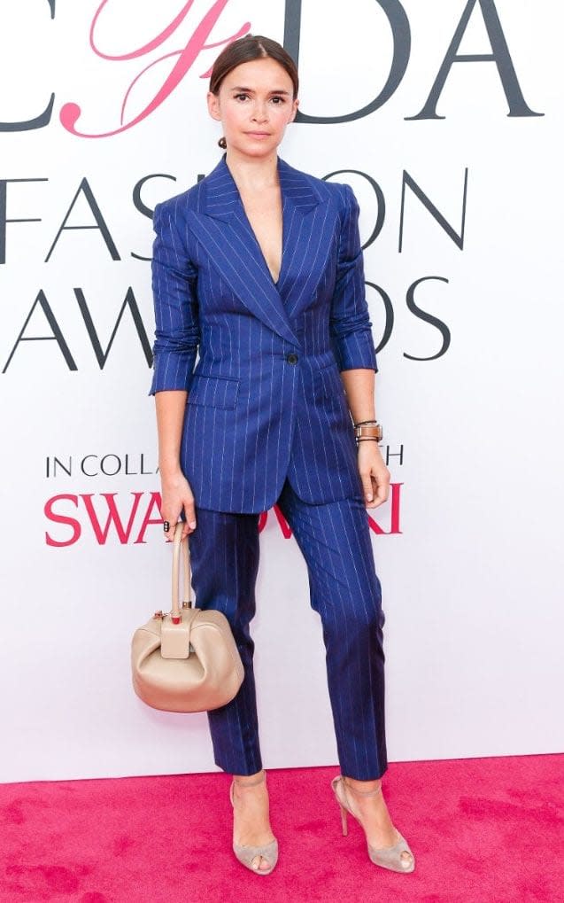 Mira Duma's pinstripe suit is a chic alternative to a dress - Credit: BFA/REX/Shutterstock