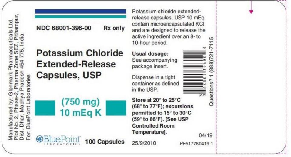 The label for BluePoint Laboratories Potassium Chloride Extended Release Capsules, 750 mg, 100-count bottles. Bottles of 500 were recalled also.