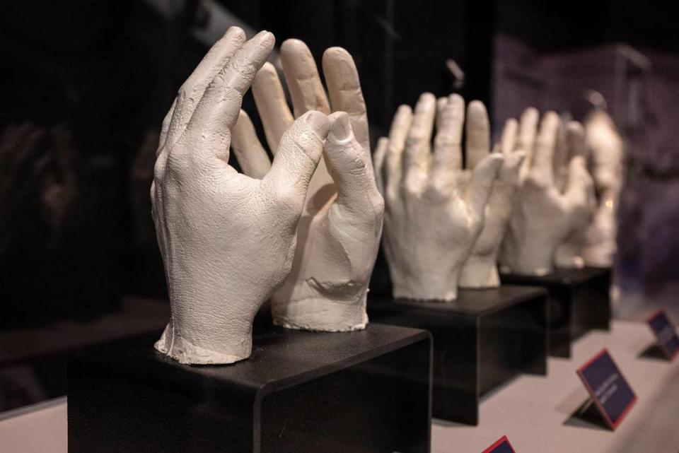 Hand casts made to fashion precise gloves for astronauts Neil Armstrong, Buzz Aldrin and Michael Collins are on display in Charlotte at Discovery Place Science. If the gloves were made too large, the astronauts would have trouble sensing when their fingers were touching an object, and if they were too small, they would cause pressure that could result in pain or possible injury.