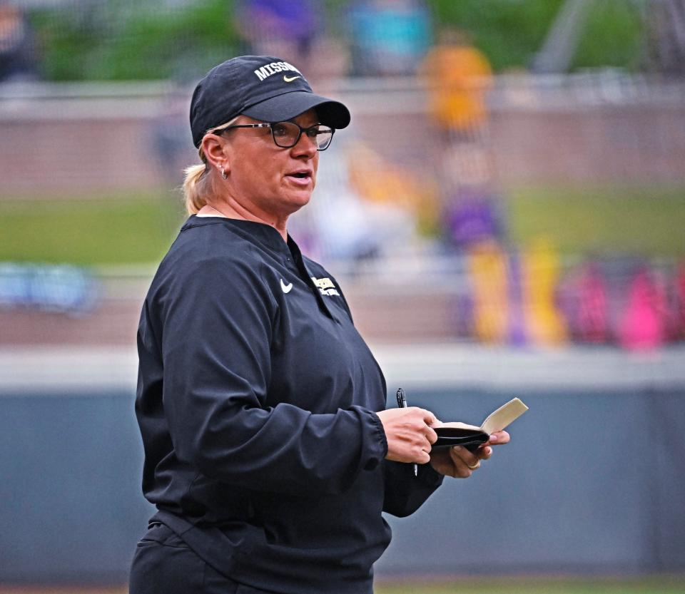 Missouri coach Larissa Anderson watches the team play against LSU during an NCAA college softball game Friday, April 7, 2023, in Baton Rouge, La.