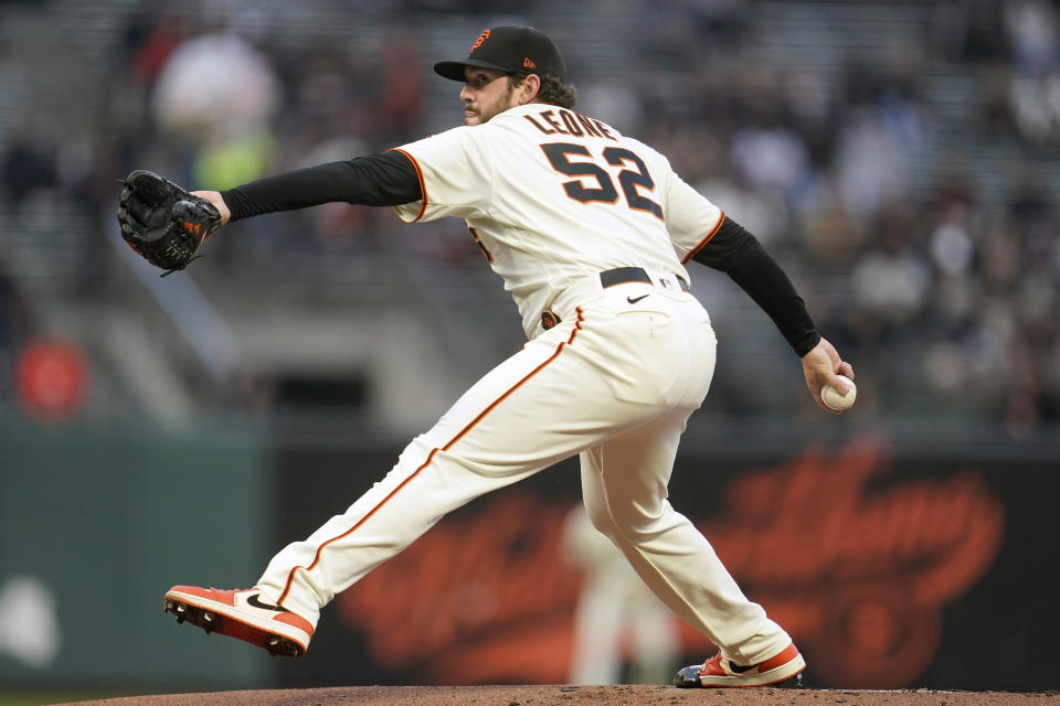 San Francisco Giants' Dominic Leone pitches against the San Diego Padres during the first inning of a baseball game in San Francisco, Wednesday, Sept. 15, 2021. (AP Photo/Jeff Chiu)