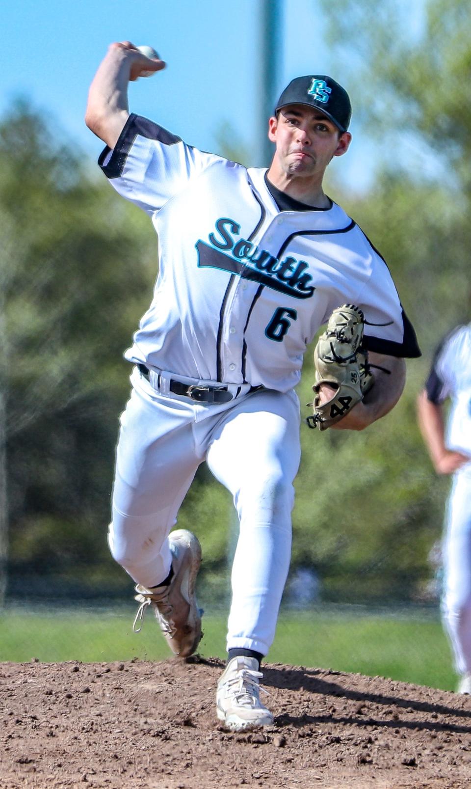 Plymouth South's Tommy Sullivan pitches during a game against Hanover on Wednesday, May 18, 2022.