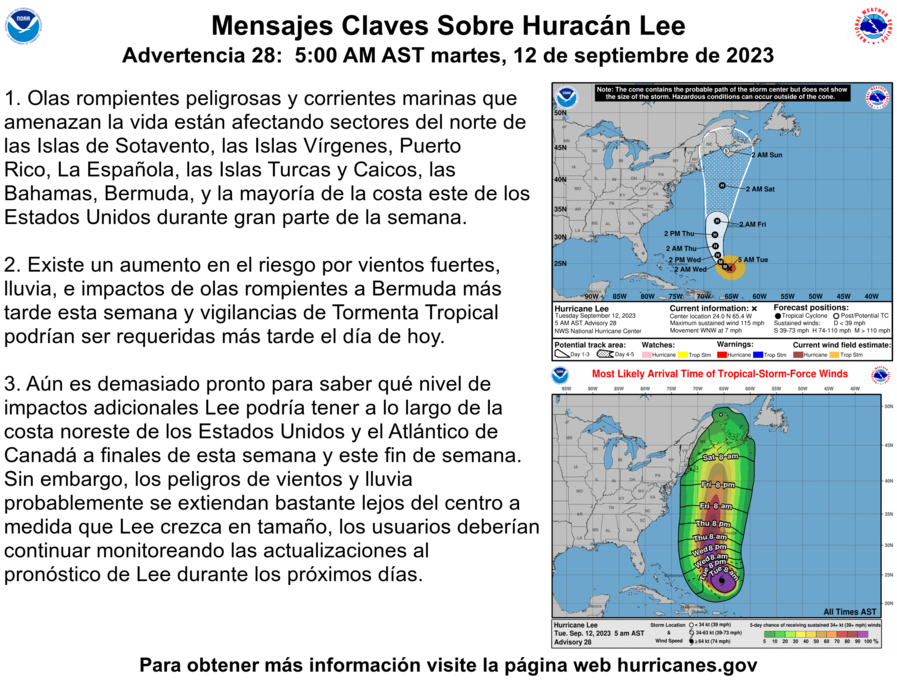 Key messages graphic issued in Spanish by National Hurricane Center for Hurricane Lee in September 2023.