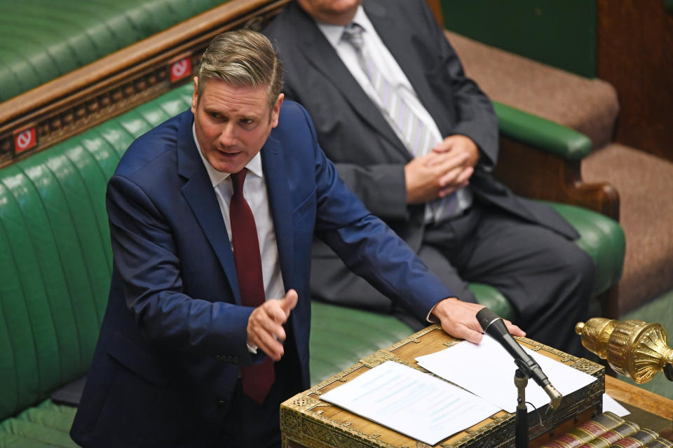 Britain's opposition Labour Party leader Keir Starmer speaks during a PM's statement session on the coronavirus disease (COVID-19) in the House of Commons, in London, Britain September 22, 2020. UK Parliament/Jessica Taylor/Handout via REUTERS THIS IMAGE HAS BEEN SUPPLIED BY A THIRD PARTY. MANDATORY CREDIT. IMAGE MUST NOT BE ALTERED